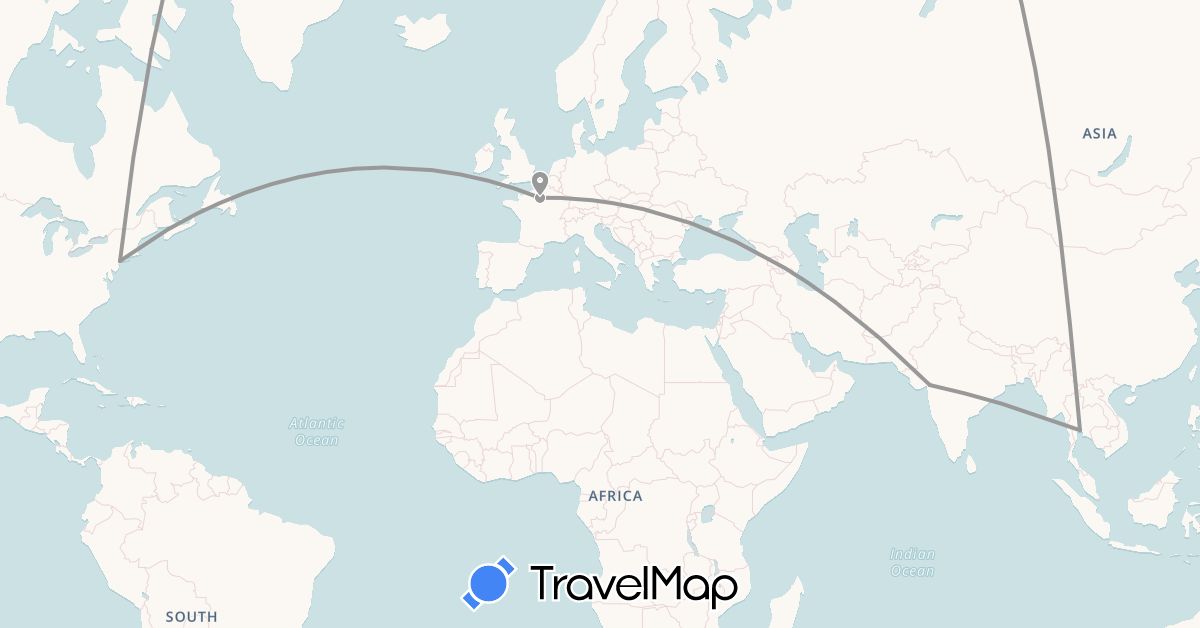 TravelMap itinerary: driving, plane in France, Thailand, United States (Asia, Europe, North America)